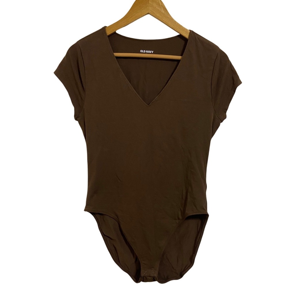 Old Navy Chocolate Brown V-Neck Short Sleeve Stretch‎ Cotton Bodysuit Large L - Picture 3 of 8